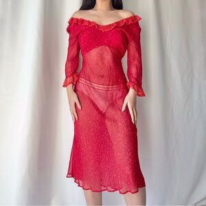 Vintage Red Off the Shoulder Lace Trim Midi Dress